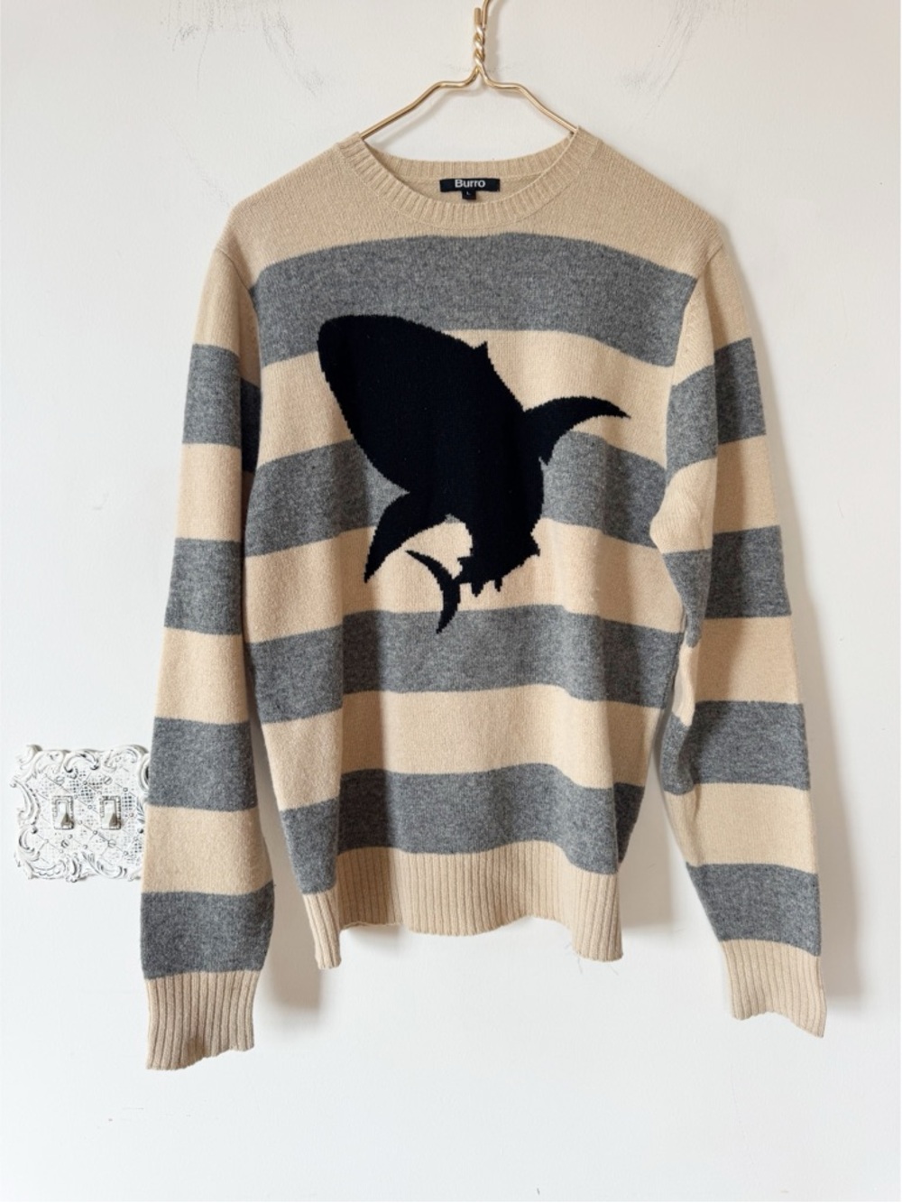 Burro London Camel and Gray Striped Lambswool Shark Crewneck Sweater L